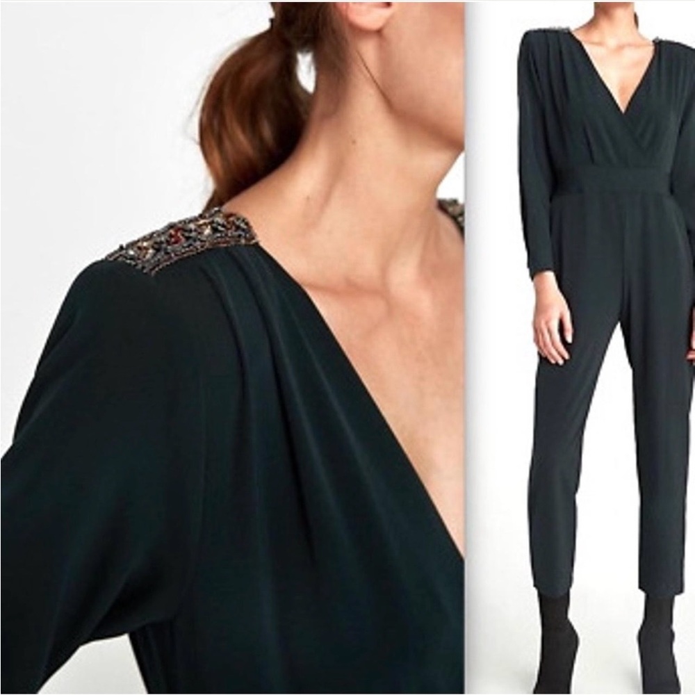 Zara Dark Green Jumpsuit with Embellished Shoulders size L. EUC.